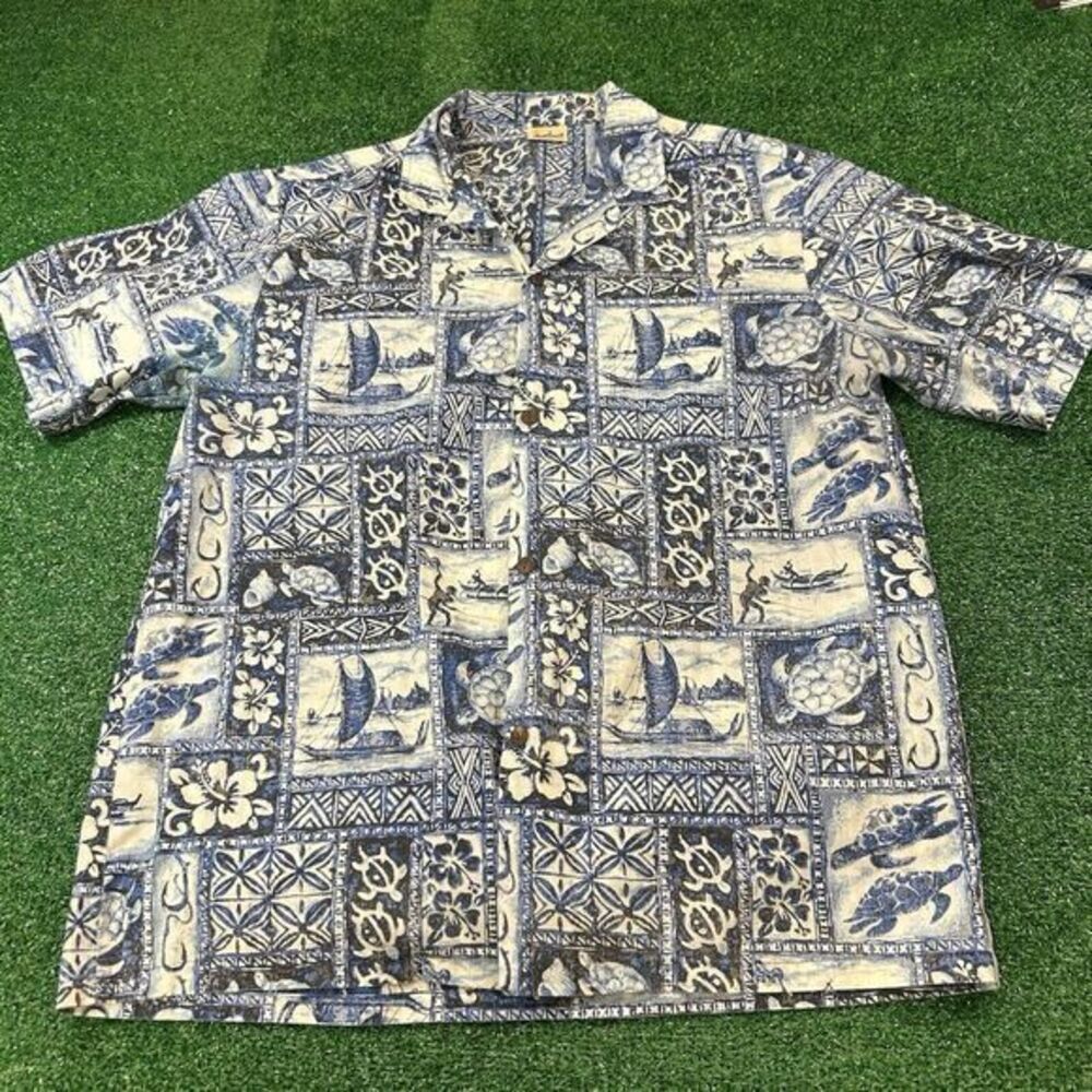 Royal Creations Hawaiian Shirt Mens Extra Large Blue White Floral Sea Button‎ Up